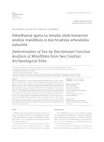 prikaz prve stranice dokumenta Određivanje spola na temelju diskriminantne analize mandibula iz dva hrvatska arheološka nalazišta